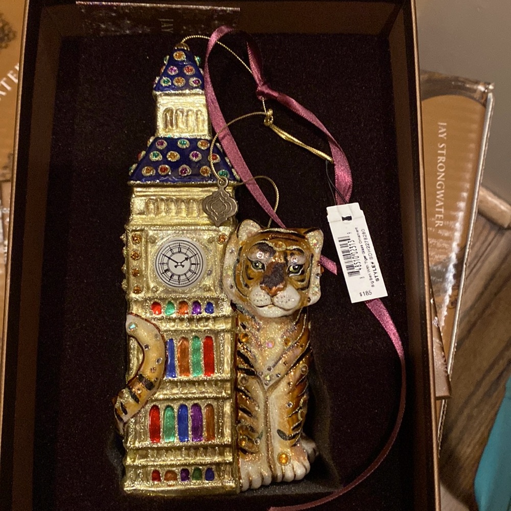 Jay Strongwater. New with tags. Big Ben with Tiger Glass Ornament.